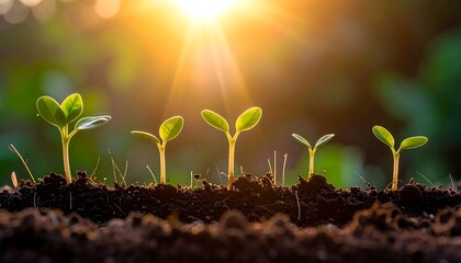 Seedlings emerge from dark soil under a bright sun, symbolizing growth, progress, and nature's cycle