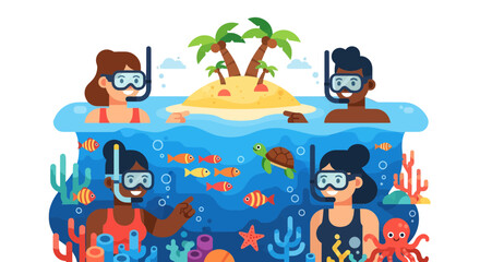 Fototapeta premium People Enjoying Scuba Diving Experience Around Tropical Island Paradise Illustration