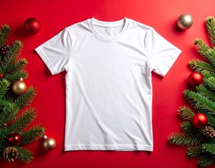 Mockup t-shirt blanc No&euml;l &ndash; flat lay festif avec d&eacute;corations rouges et pin