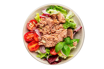 Tuna salad canned fish, tomato, green leaf salad vegetable dish tasty snack fresh gourmet food background on the table rustic top view copy space keto and paleo diet vegetarian food pescetarian diet