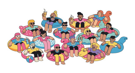 Obraz premium People Enjoying Summer Fun With Colorful Floats and Refreshing Drinks Illustration