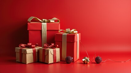 Boxing day sale with Christmas present and xmas decoration on red background