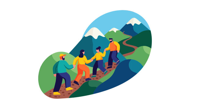 People Ascending Majestic Mountains Illustrating Teamwork, Perseverance, And Adventure