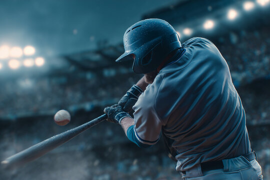 A baseball player is swinging a bat at a ball in a stadium