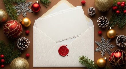 White envelope with a red wax seal and blank card surrounded by Christmas decoration. Holiday flat lay with copy space for greeting card design.