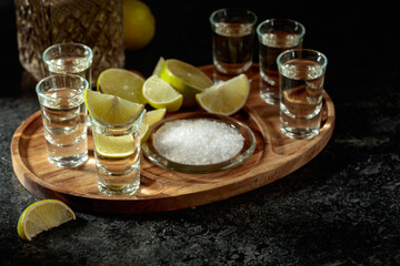 Gold tequila with salt and lime slices.
