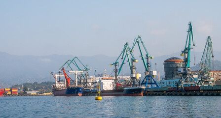 Industrial port with cargo ships, cranes, containers and freight trains. Global logistics, maritime trade, shipping industry and infrastructure.