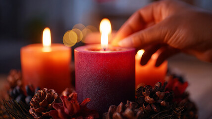 Advent calendar. Burning candles with Christmas decorations. Lighting candles.