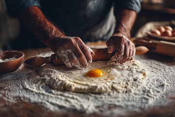 A man is making a dough with a wooden rolling pin