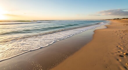 Serene Beach Sunrise with Gentle Waves and Footprints on Sand.