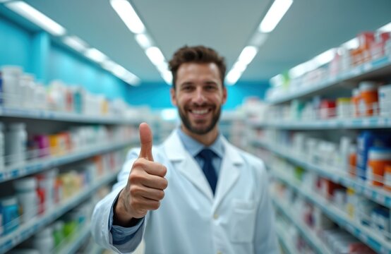 Happy pharmacist shows thumb up in a pharmacy. Male chemist in white coat gives good advice. Man recommends quality drugs in drugstore smiling. Cheerful face of health pro
