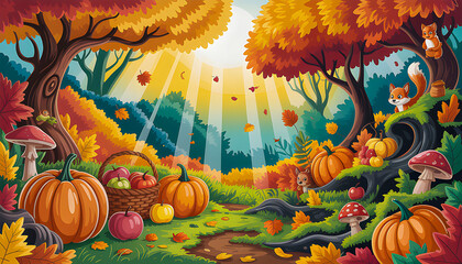 A magical autumn forest scene with golden sunlight streaming through colorful trees pumpkins apples and mushrooms on a winding path with playful animals and falling leaves everywhere