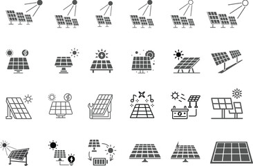 Solar Power Icons. Outline icon set of solar power systems: photovoltaic panel, solar farm, sun tracker, solar panel icons set for stock Solar energy icons on dark background: house, plug, battery,