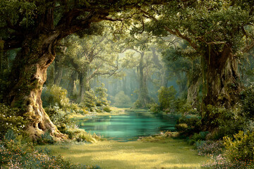Enchanted forest glade with towering ancient trees and serene pond