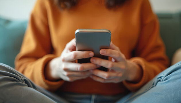 Person uses smartphone for mental health app. Online therapy session or mood tracking on mobile device. Digital wellness and self-care with smartphone app.