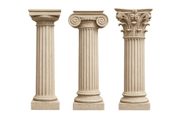 Obraz premium Classical architectural pillars displaying doric, ionic, and corinthian orders, isolated with transparent background