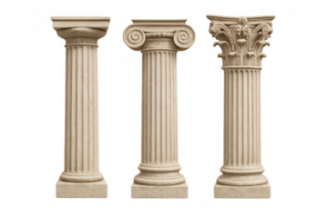 Classical architectural pillars displaying doric, ionic, and corinthian orders, isolated with transparent background