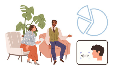 Two colleagues seated engaging in conversation near visual data graphs and voice technology. Ideal for communication, teamwork, data sharing, brainstorming, AI, human interaction, simple flat