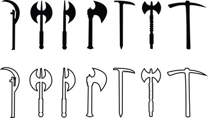 Weapon Icon Set, Axe, Pickaxe, Halberd, Battle Axe, Spear, and War Tool Symbol Collection and Group, Ancient and Modern Blade, Metal Armory, and Combat Equipment Vector in Black Color Flat and Line St