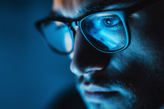 A man is looking at a computer screen with his glasses on