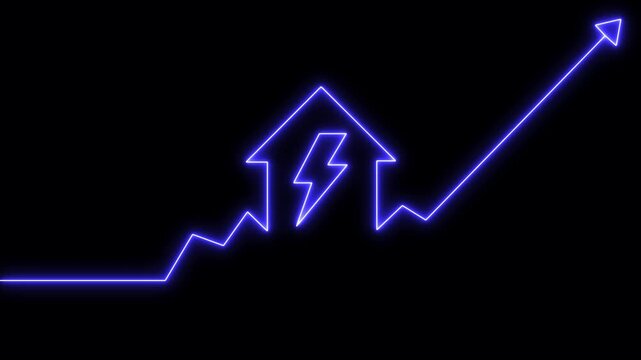 Neon home icon animation with up arrow and lightning bolt. Battery charging and power concept for house and business. Home with battery charging power icon animation with up arrow.