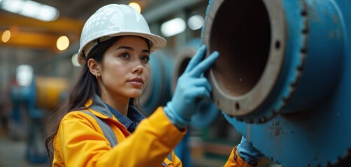 Young hispanic woman engineer works in heavy factory. She wears hard hat and yellow jacket while inspecting large metal pipe. Female worker checks industrial equipment inside manufacturing plant.