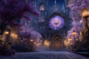 Enchanted gothic cityscape with moonlit cathedral and blossoming trees for artistic design