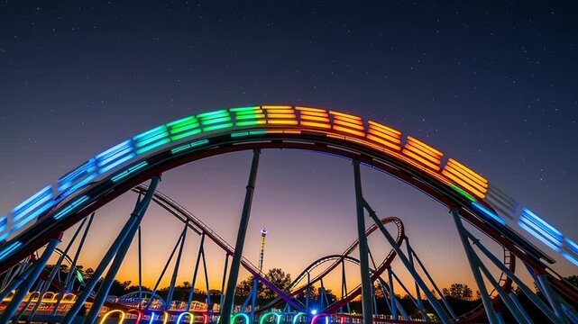 Colorful Roller Coaster Ride at Night - Thrills and Excitement.