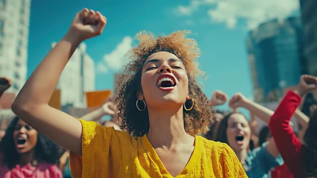 Empowered diverse women raise fists high, advocating for fundamental rights and social justice. Vibrant community rallies for freedom, equality, and collective power under blue skies.