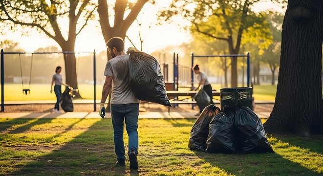 Volunteers cleaning up a park at sunset.
