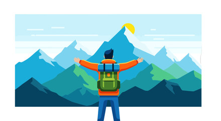 Man Reaching Joyously Towards Majestic Peaks and Captivating Vistas of Mountain Range