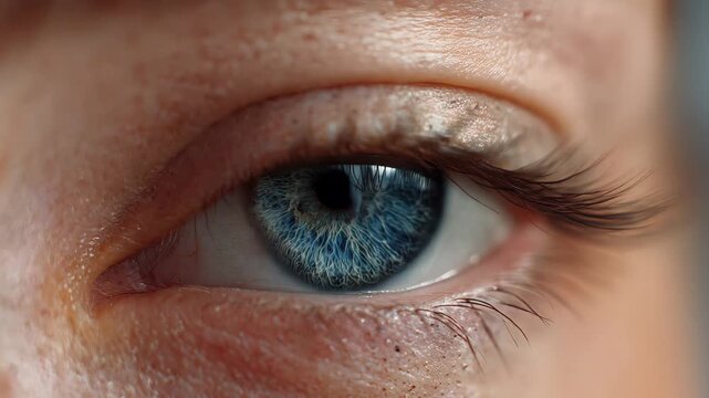 Close-up view of a human eye showcasing vibrant blue iris with intricate patterns and detailed eyelashes