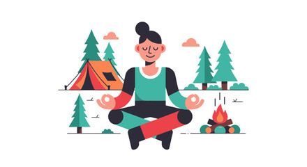 Meditative Camping Illustration With Tent, Trees And A Campfire Depicting Relaxation And Peace