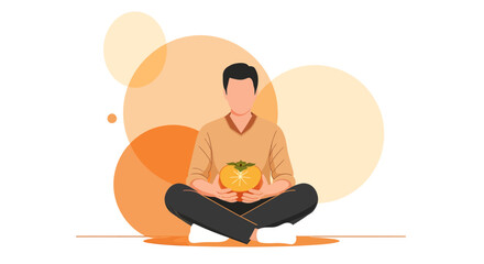 Meditative Figure Holding Persimmon Fruit With Abstract Background In Vector Style