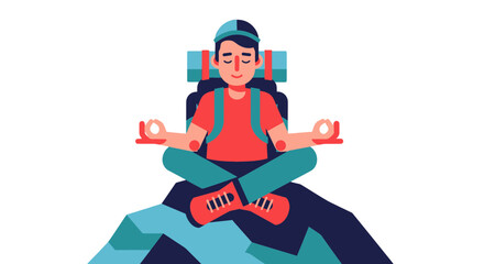 Meditative Hiker Reaching Inner Peace Atop Mountain Peak With Backpack On Black Background