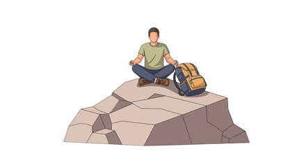 Meditative Hiker Reaching Serenity, Meditating On A Mountain Peak Isolated
