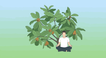 Meditative Person Sitting Under Loquat Tree in Serene Landscape Illustration