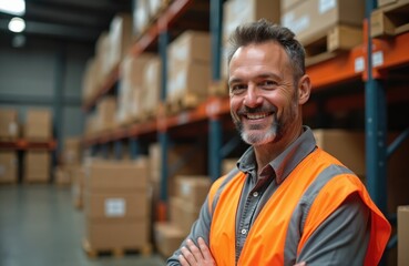Man stands with folded arms in warehouse. Manager smiles in safety vest against shelves with goods. Industrial worker poses at factory or distribution center. Boxes in storage room ready for shipment.