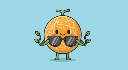 Melon Character Wearing Sunglasses, Smiling and Posing on a Light Blue Backdrop