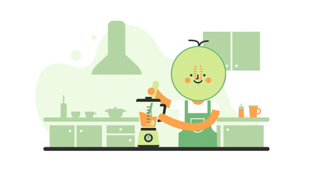 Melon Person Preparing a Smoothie in a Modern Kitchen, Culinary Illustration