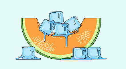 Melon Slice with Ice Cubes: Refreshment and Coolness Illustrated with Vibrant Colors