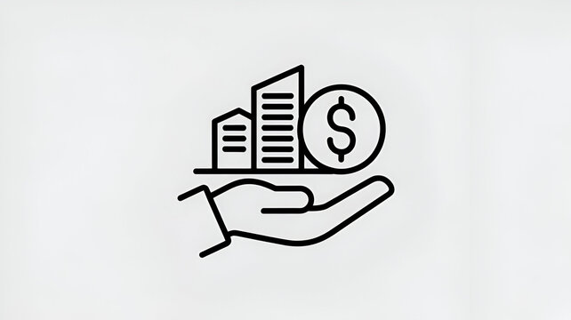 Real estate investment icon hand holding building and dollar coin vector line illustration for financial growth and property management