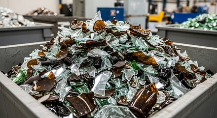 Pile of crushed glass bottles in a recycling facility.