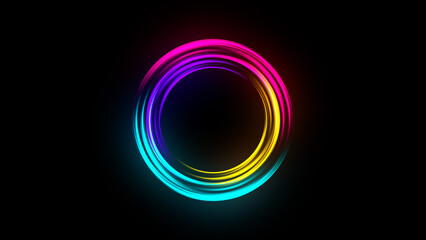 Bright futuristic neon circle spinning and rotating on black. Abstract energy motion, ring light in space. Science, future technology, and virtual reality. Sci-fi and tech visuals. 4k loop