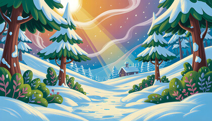 A cozy wooden cabin sits in a snowy forest surrounded by pine trees under a colorful winter sky with sunlight streaming through and fresh snow blanketing the peaceful landscape
