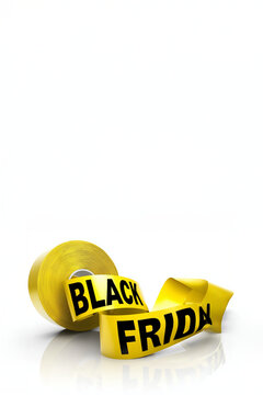 Texte en anglais "Black Friday" partiellement visible sur un ruban jaune enroul&eacute; sur fond blanc avec espace n&eacute;gatif copyspace pour visuel commercial cr&eacute;atif et promotionnel li&eacute; aux soldes de fin novem
