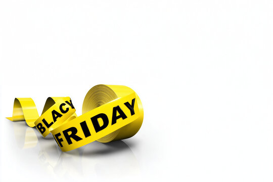 Texte en anglais "Black Friday" partiellement visible sur un ruban jaune enroul&eacute; sur fond blanc avec espace n&eacute;gatif copyspace pour visuel commercial cr&eacute;atif et promotionnel li&eacute; aux soldes de fin novem