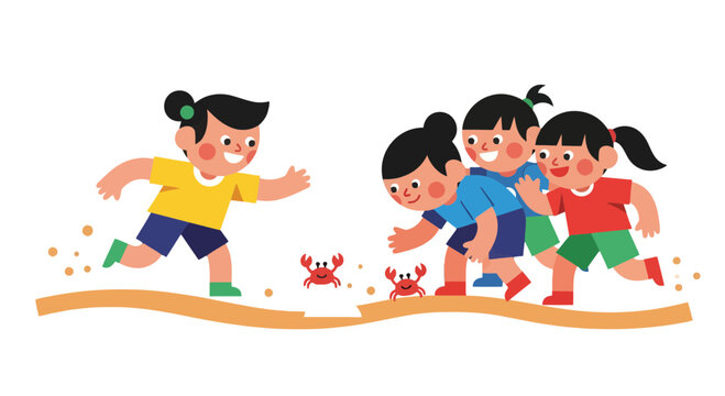 Kids Joyfully Observe Crabs Running On The Beach, Beautiful Summer Game