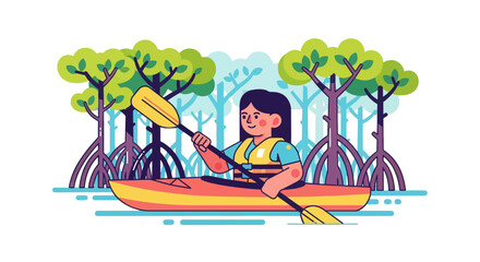 Fototapeta premium Kayak Adventure: Person Paddling a Kayak Surrounded by Trees in A Beautiful Environment