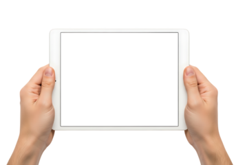 Hands holding a white tablet isolated on transparent background